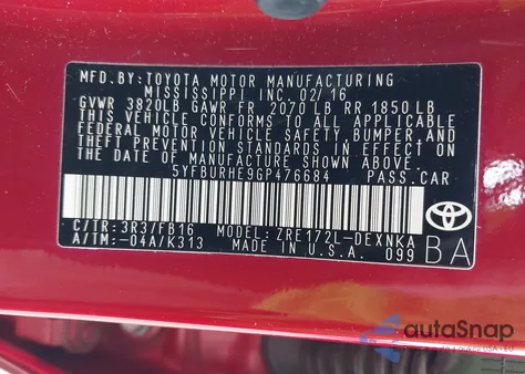 2016 Toyota Corolla Le Plus from USA, damaged, VIN 5YFBURHE9GP476684